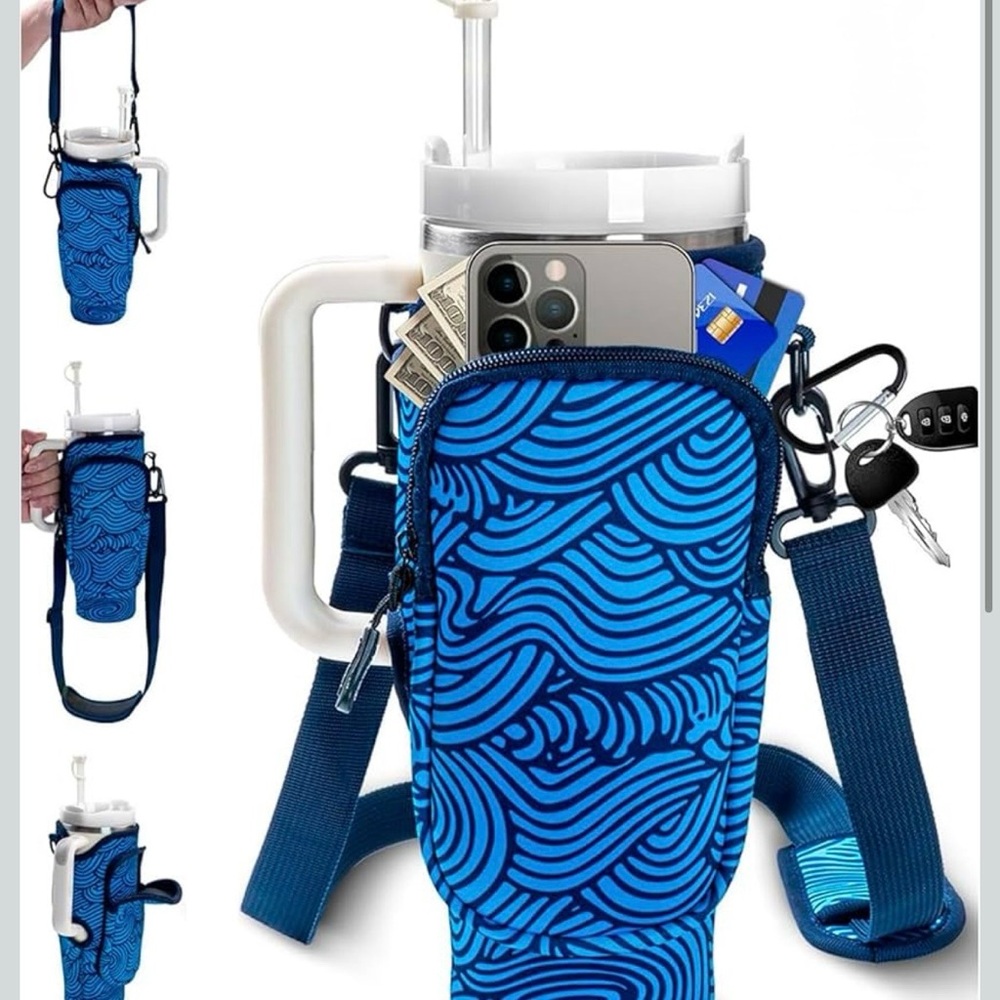 40oz Tumbler Carrier Bag w/Adjustable Strap & Pocket, Carabiner Clip For Stanley